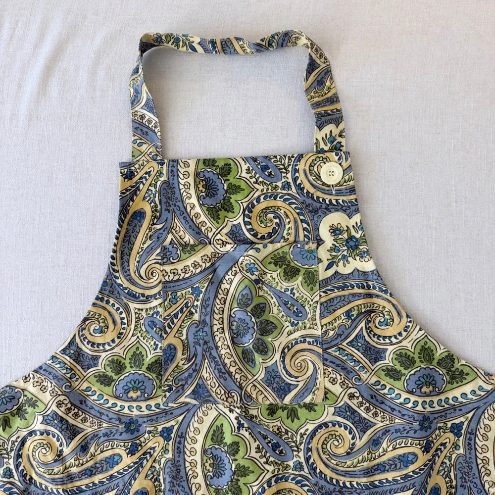 April Cornell Apron Womens One Size Blue Green Paisley Floral Cotton Kitchen